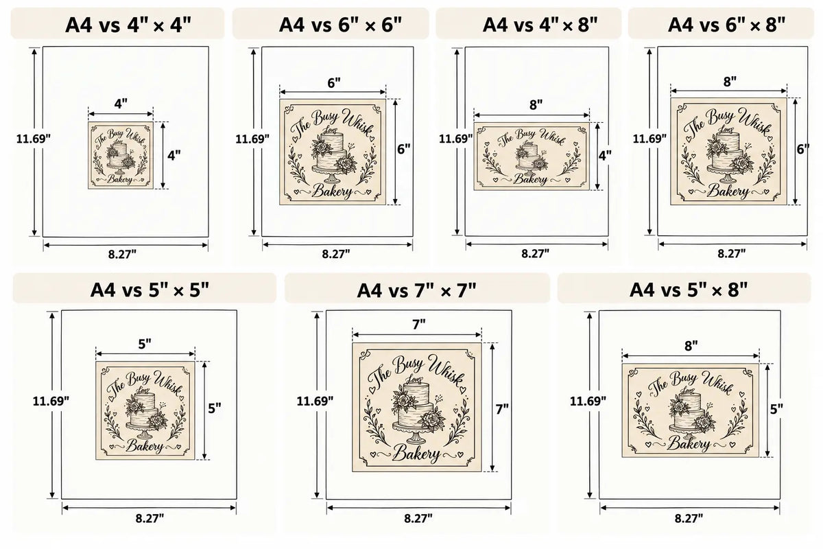 Velvet Glow logo stamp examples in 4 by 4, 5 by 5 ,  6 by 6 and 7 by 7  inch sizes