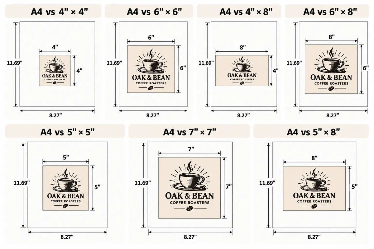 Compare different stamp sizes on A4 paper and choose the best fit for your coffee shop logo, coffee bags, boxes and takeaway packaging.