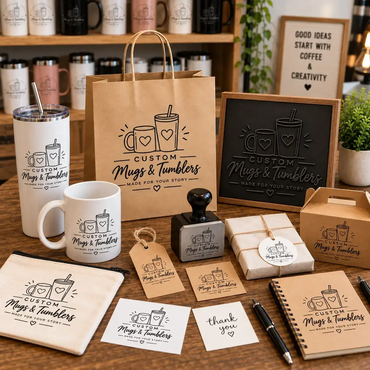 Use the same custom stamp across bags, boxes, cards, notebooks and packaging for a consistent branded look.