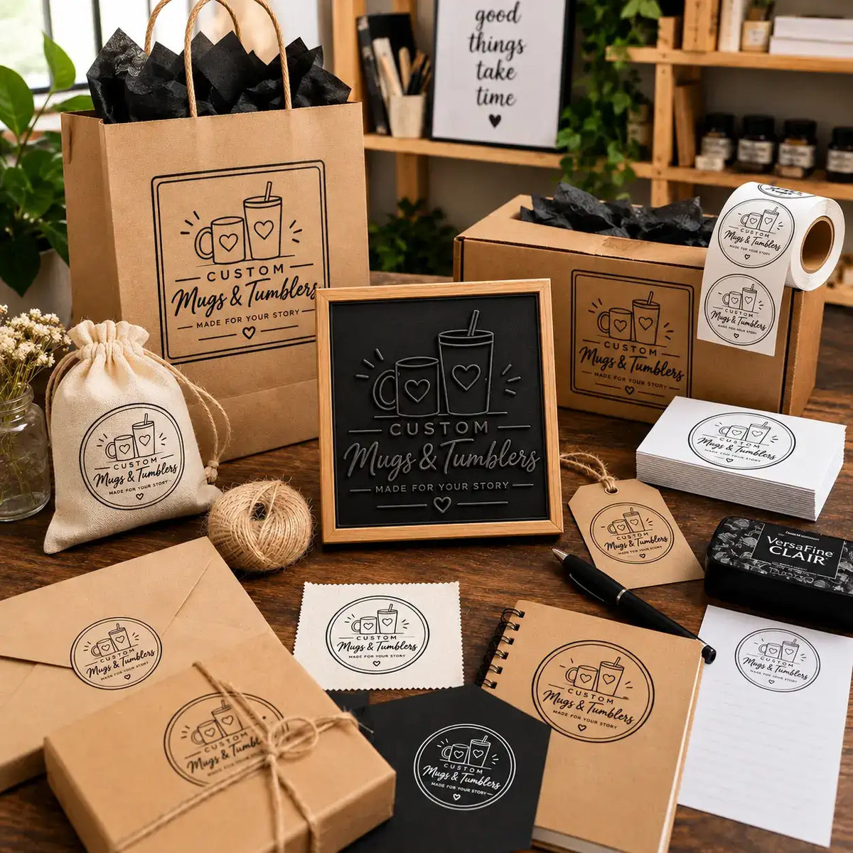 Use your custom stamp across bags, boxes, cards and packaging for a consistent branded look.