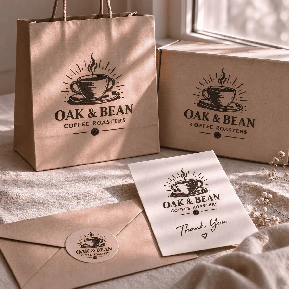 Use one custom logo stamp across coffee bags, boxes and thank-you cards. No bulk custom packaging needed.
